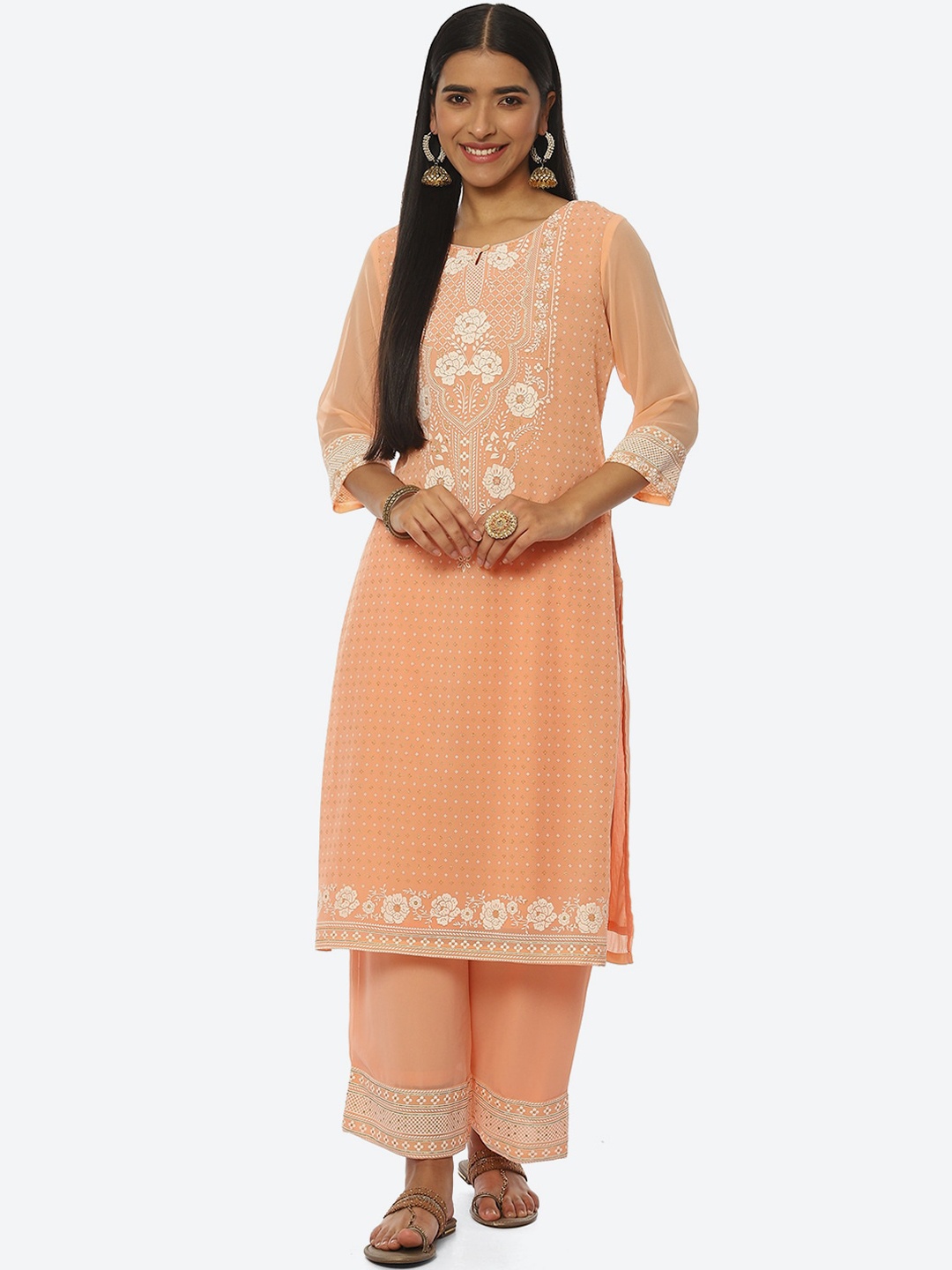

Rangriti Women Ethnic Motifs Printed Keyhole Neck Kurta, Peach