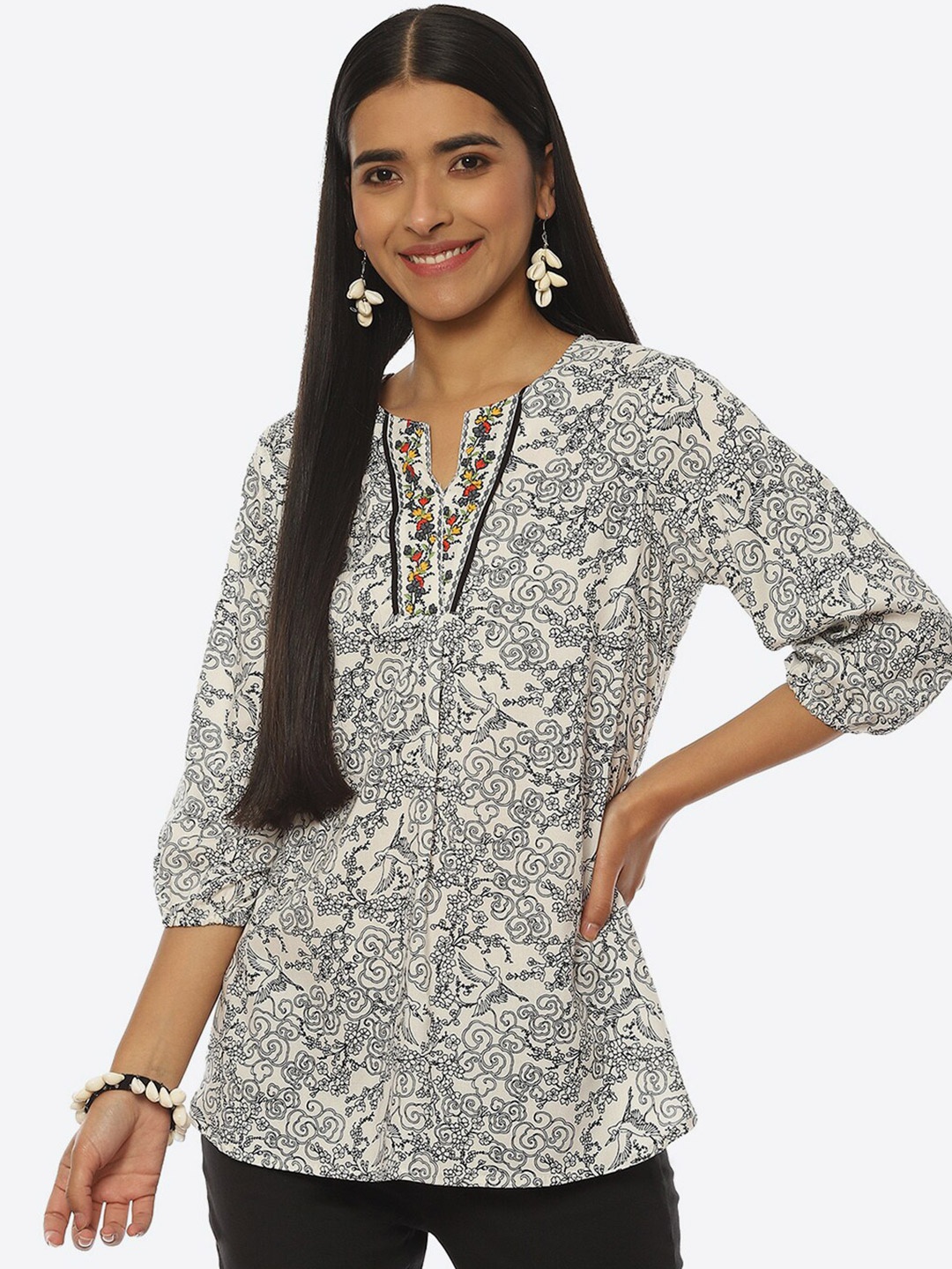 

Rangriti Floral Print Tie-Up Neck Top, White