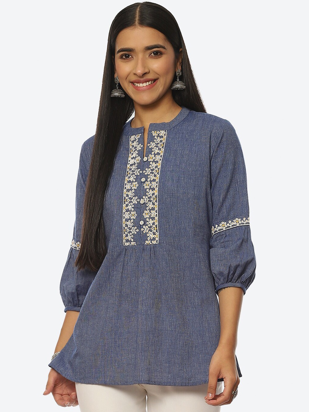 

Rangriti Plus Size Floral Print Mandarin Collar Top, Blue