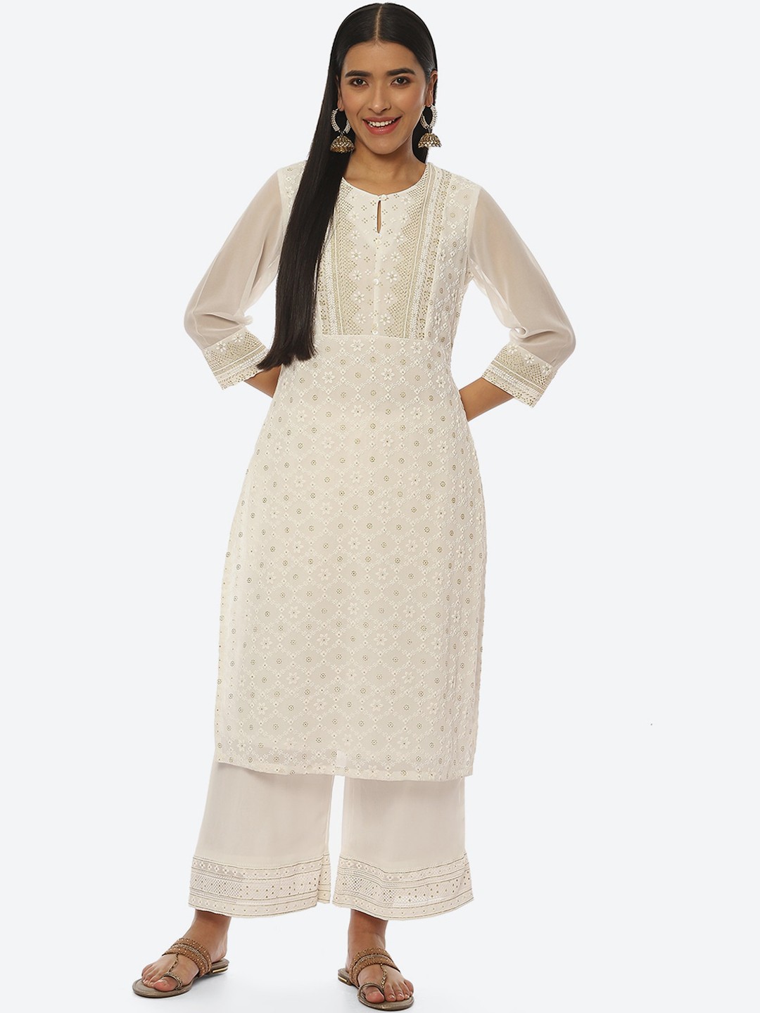 

Rangriti Women Floral Printed Keyhole Neck Straight Kurta, White