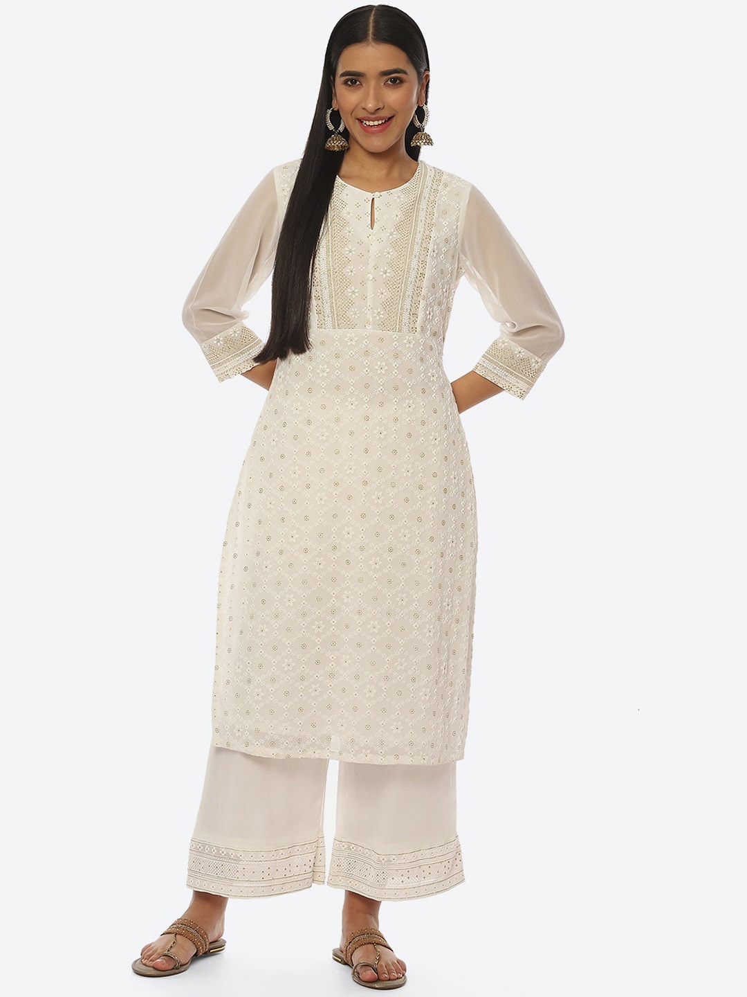 

Rangriti Women Printed Keyhole Neck Straight Kurta, White