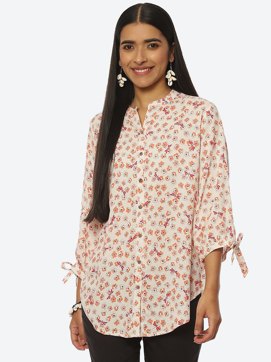 

Rangriti Plus Size Floral Print Mandarin Collar Top, Cream