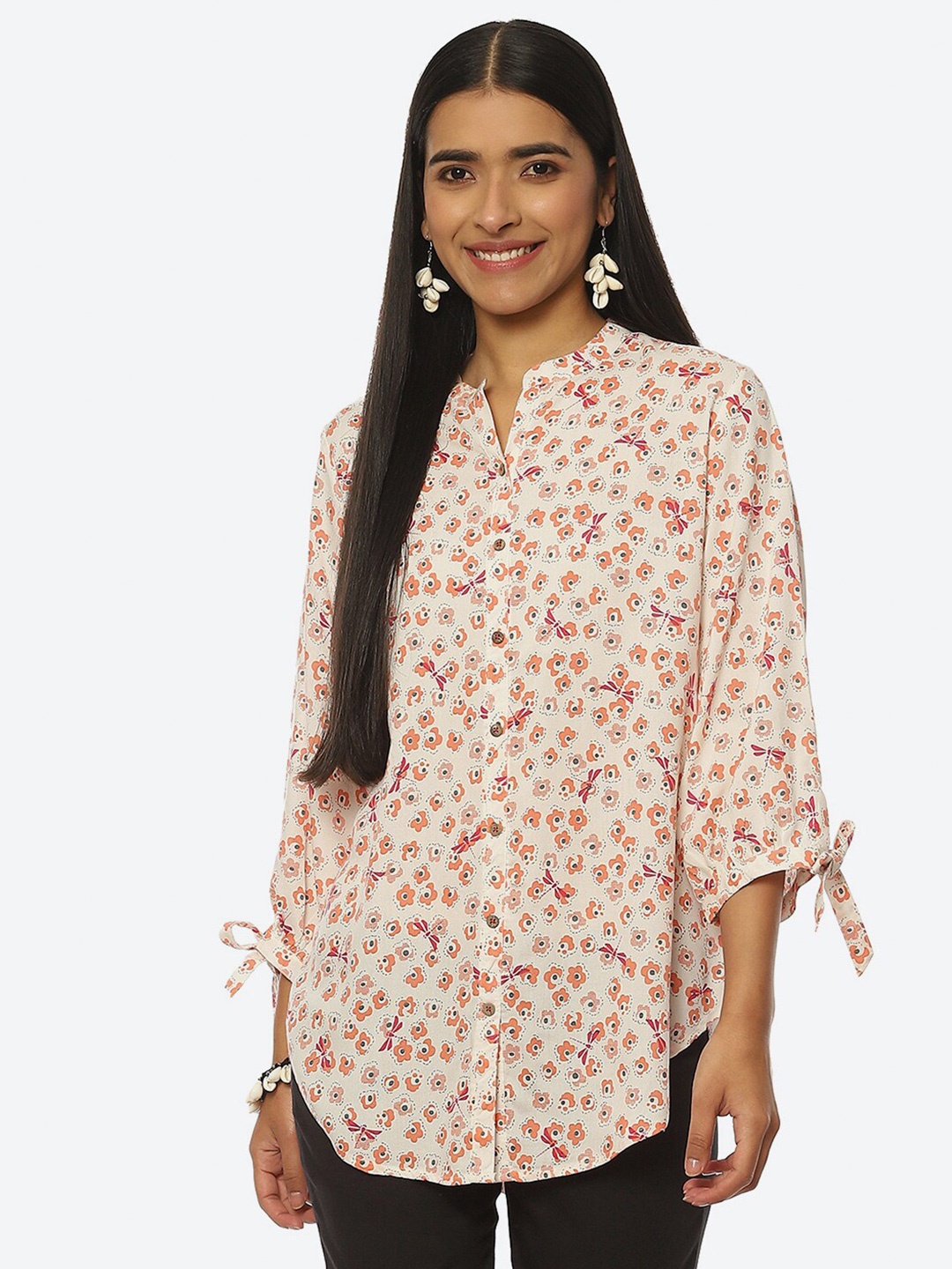 

Rangriti Floral Print Mandarin Collar Top, Cream