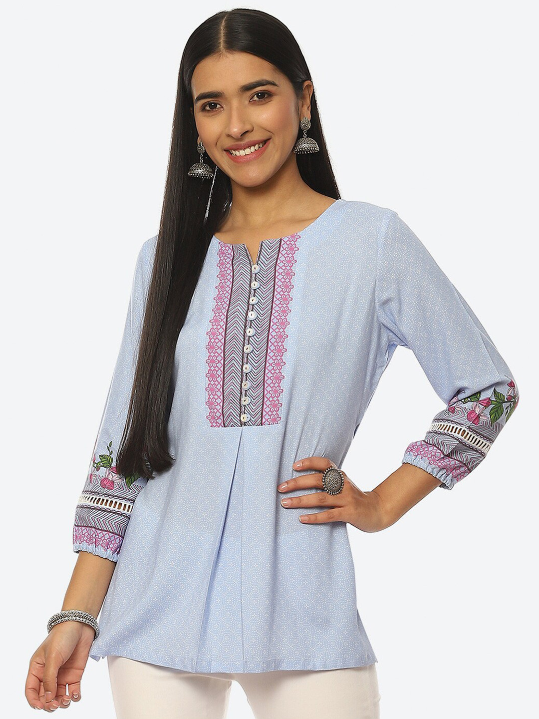 

Rangriti Notched Neck Floral Printed A-Line Top, Blue