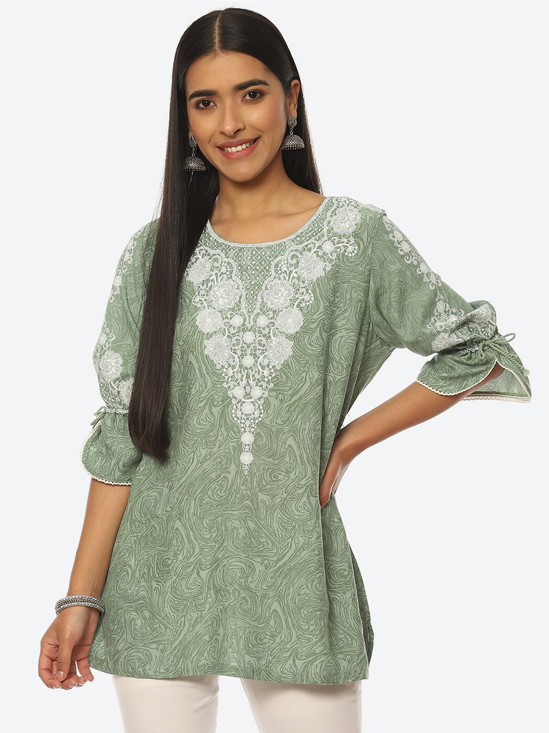 

Rangriti Floral Printed Bell Sleeve Top, Green