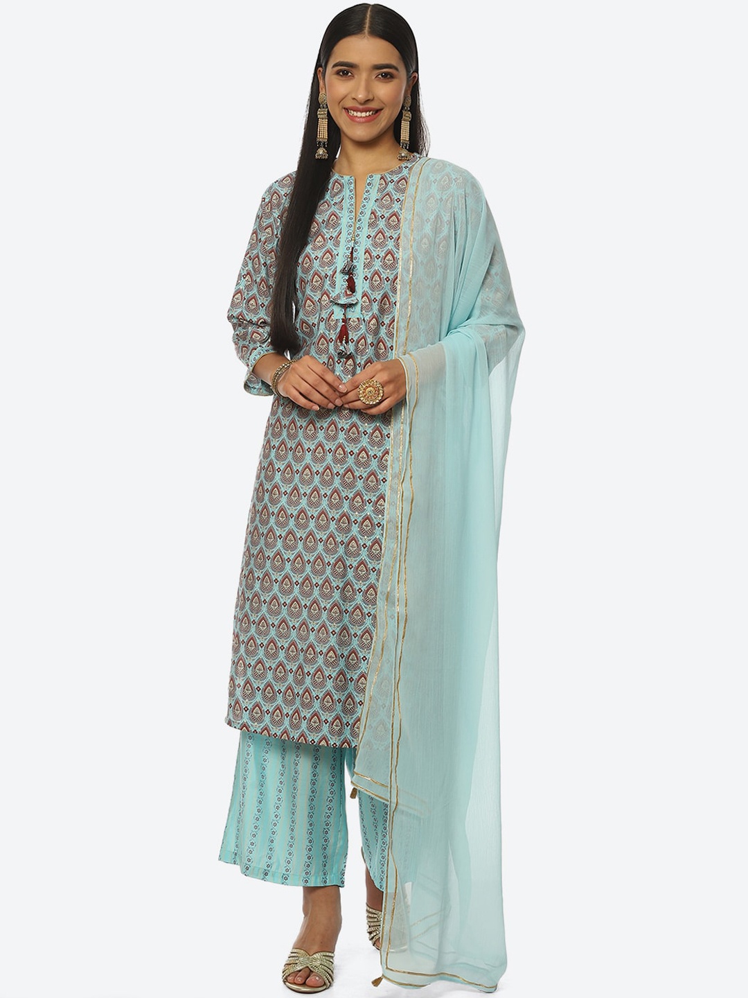 

Rangriti Women Printed Notch Neck Kurta with Palazzos & Dupatta, Blue