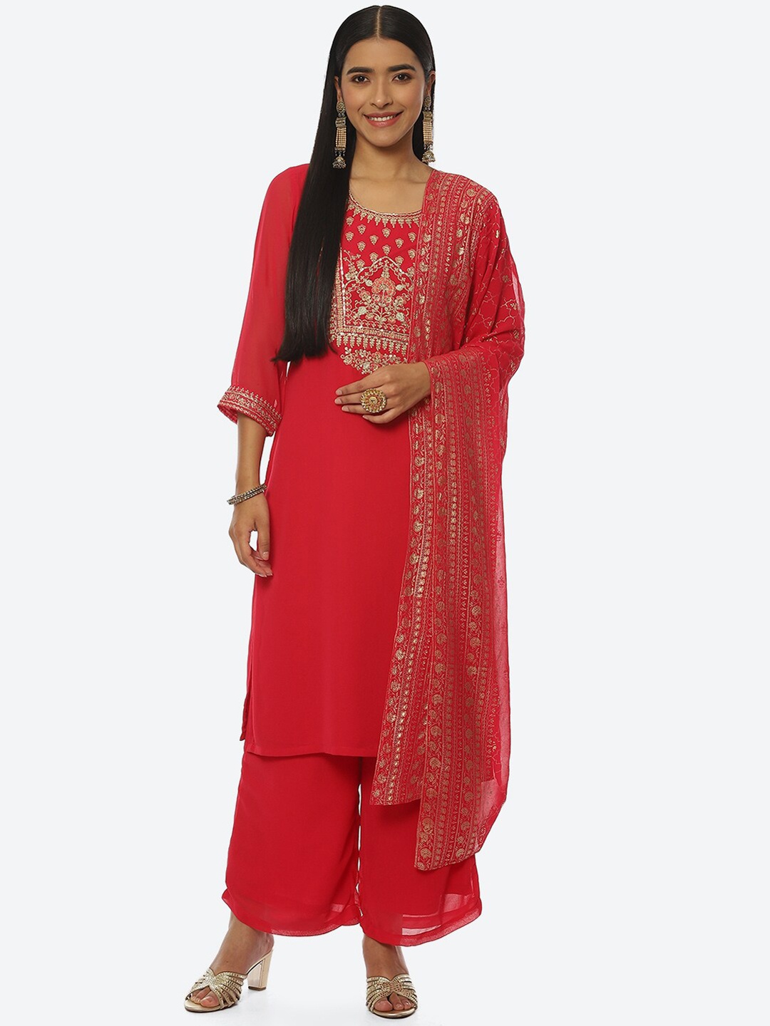 

Rangriti Women Ethnic Motifs Embroidered Kurta with Palazzos & Dupatta, Red