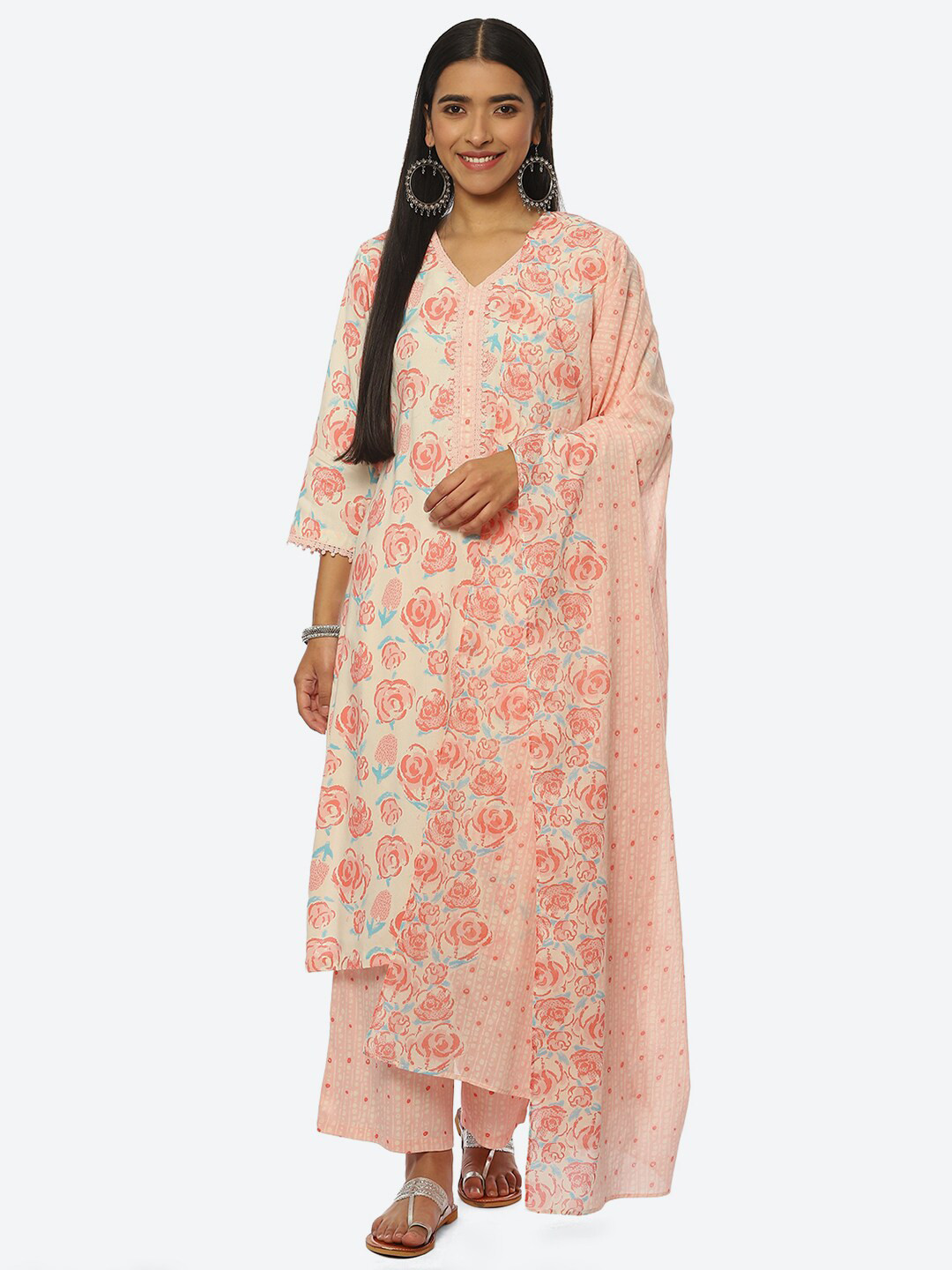 

Rangriti Floral Printed Kurta with Palazzos & Dupatta, Beige