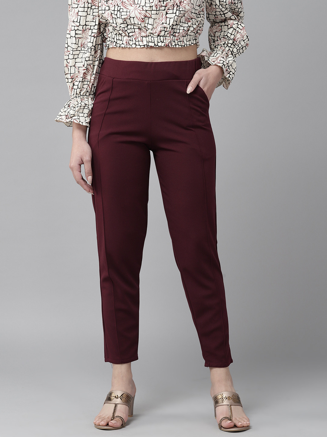 

Aarika Women High-Rise Chambray Trousers, Maroon