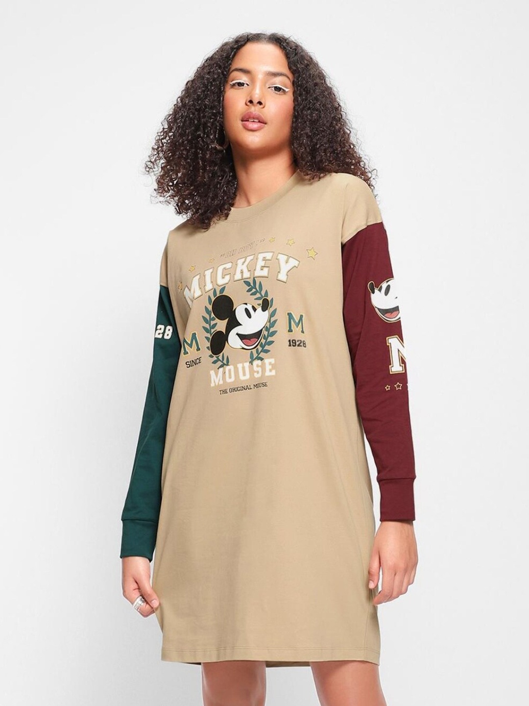 

Bewakoof Mickey Mouse Printed Cotton T-shirt Dress, Taupe