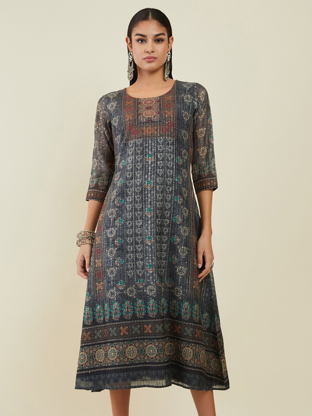 

Soch Ethnic Motifs Ethnic A-Line Midi Dress, Charcoal