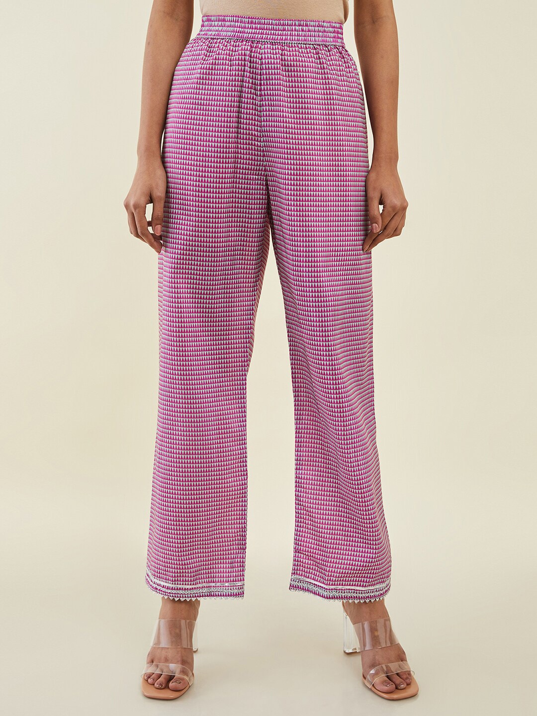 

Soch Women Geometric Printed Crepe Palazzos, Pink