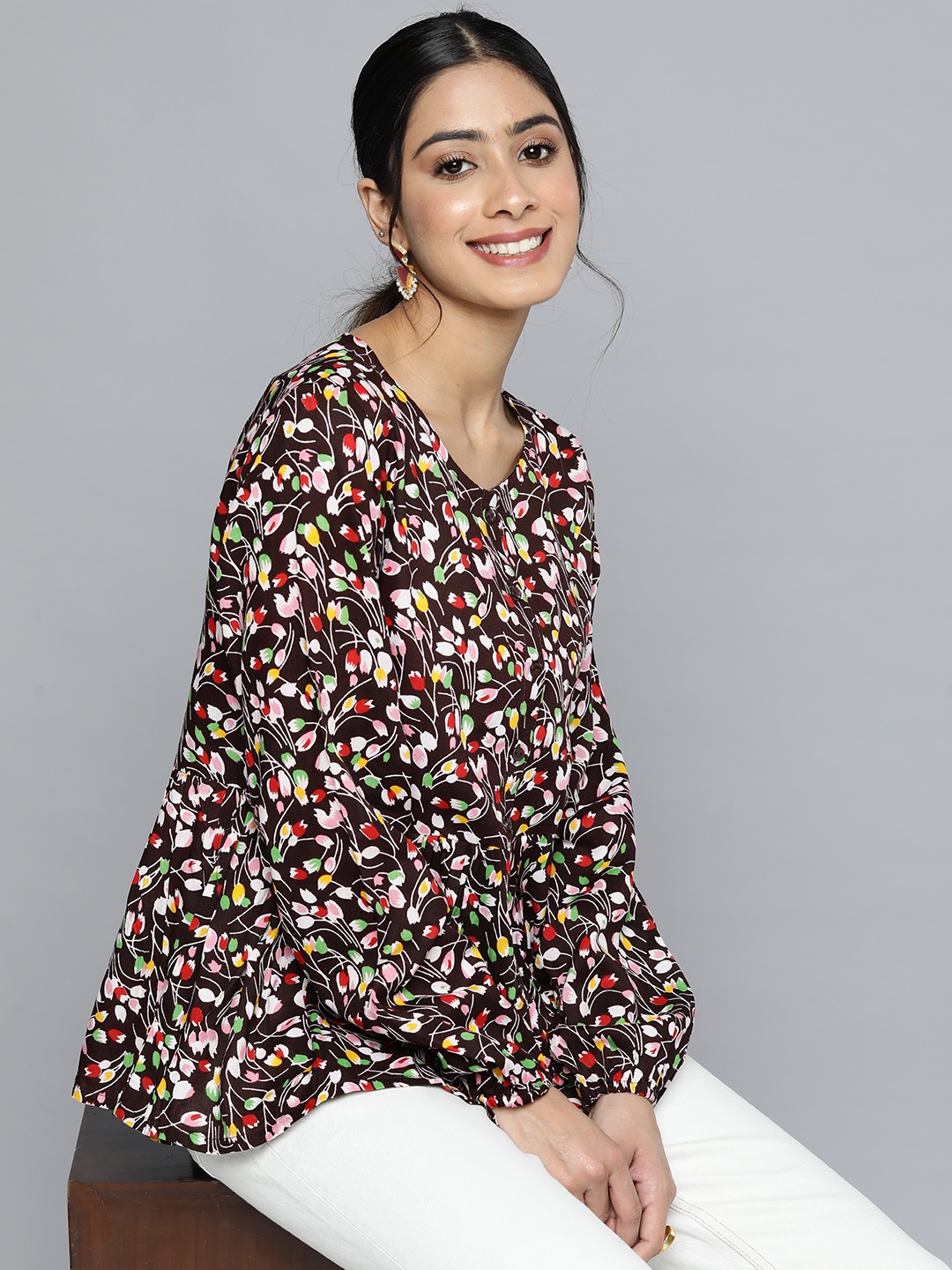 

HERE&NOW Floral Print Top, Brown