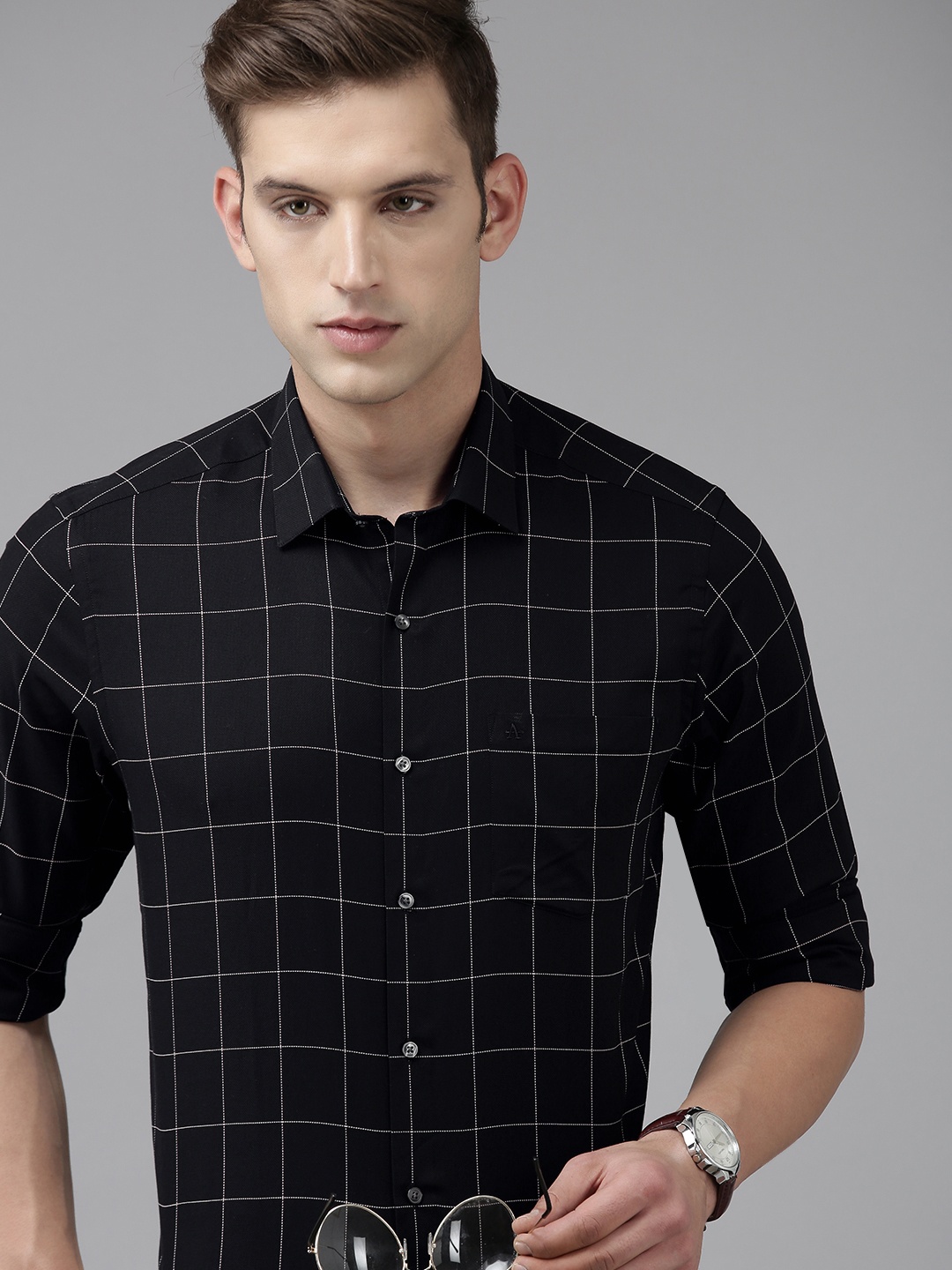 

Arrow Pure Cotton Original Slim Fit Windowpane Checked Formal Shirt, Black