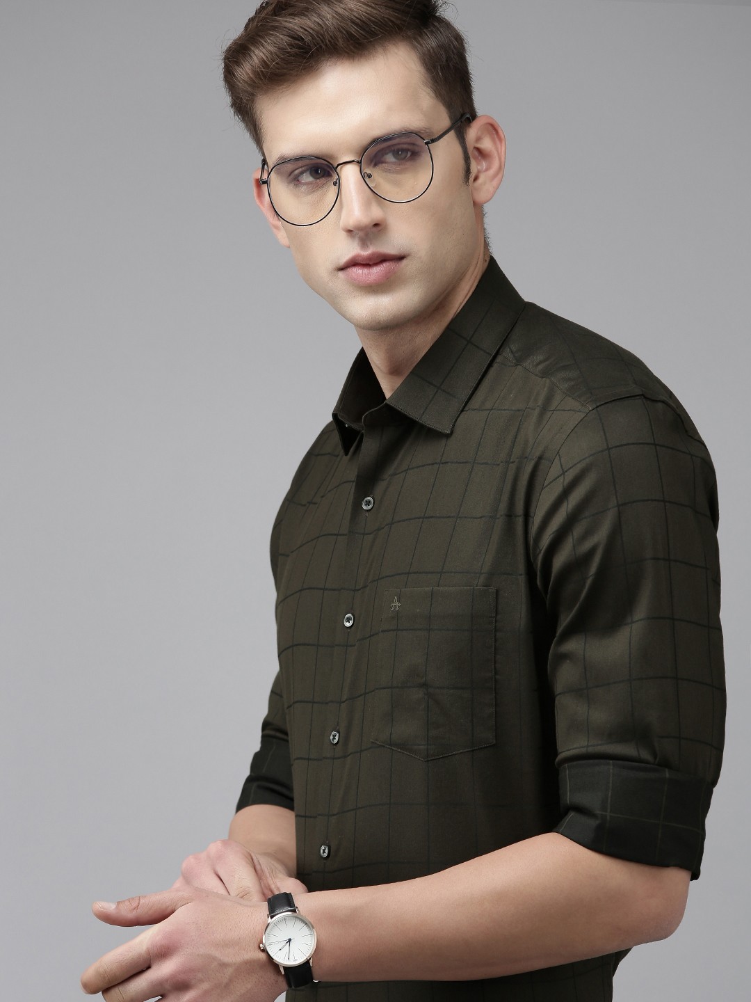 

Arrow Manhattan Slim Fit Windowpane Checks Opaque Formal Shirt With Chest Pocket, Olive