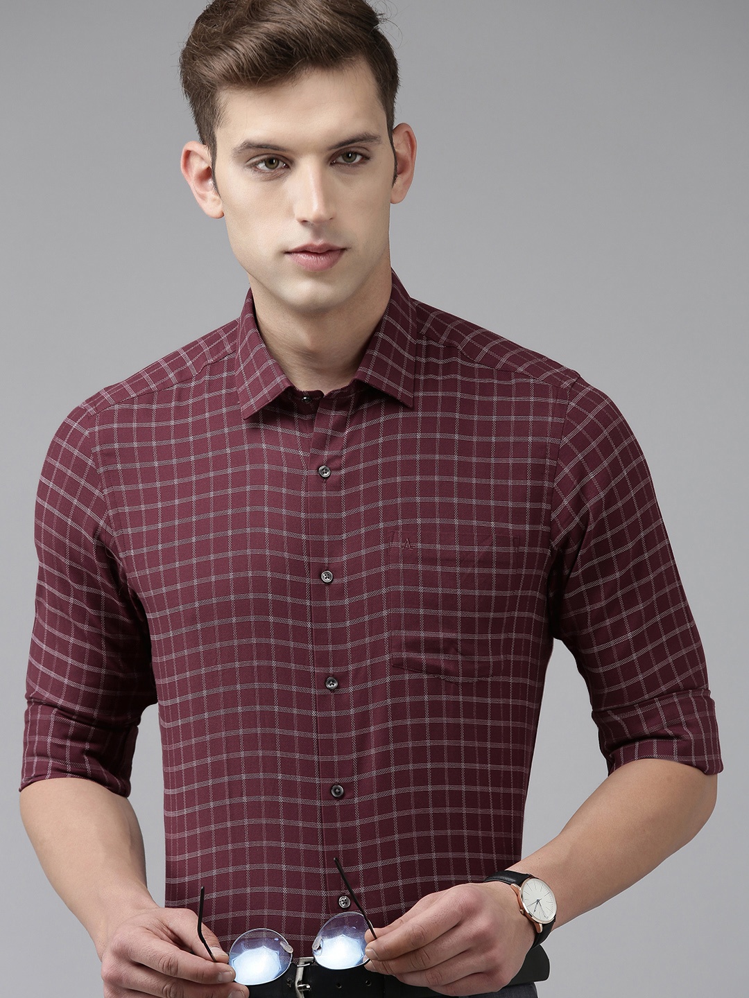 

Arrow Manhattan Slim Fit Grid Tattersall Checks Opaque Pure Cotton Formal Shirt, Maroon