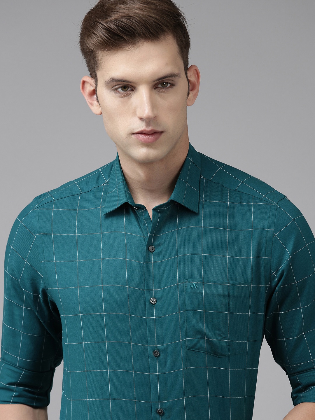 

Arrow Pure Cotton Original Slim Fit Windowpane Checked Formal Shirt, Teal