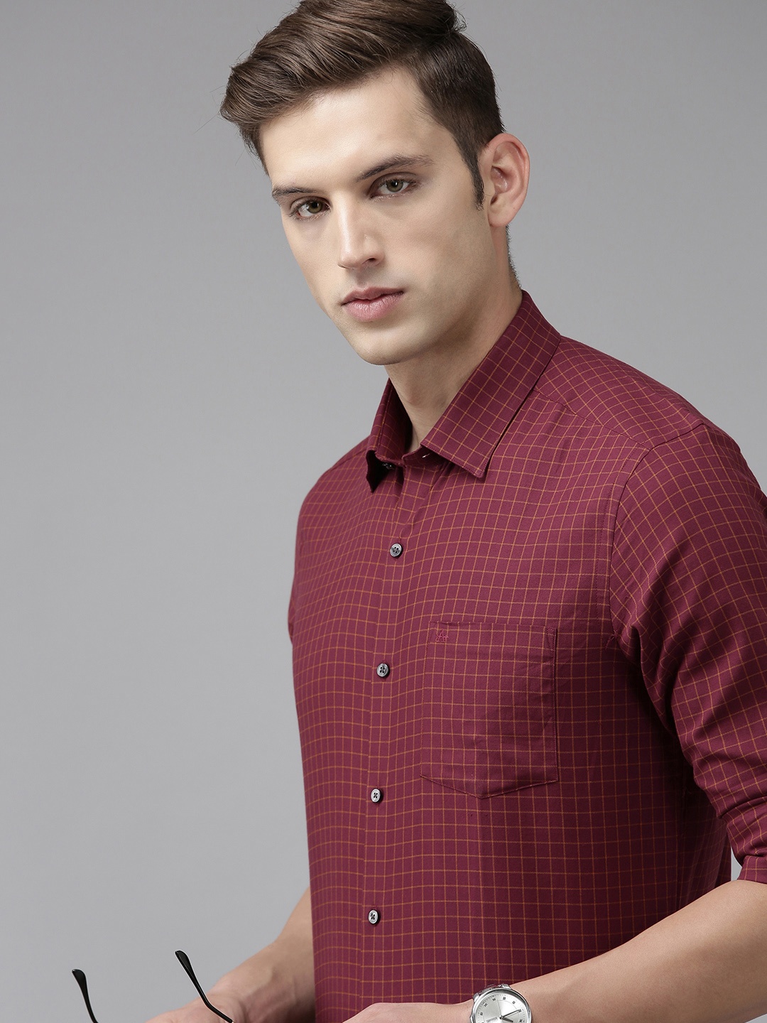 

Arrow Pure Cotton Original Slim Fit Grid Tattersall Checked Formal Shirt, Maroon