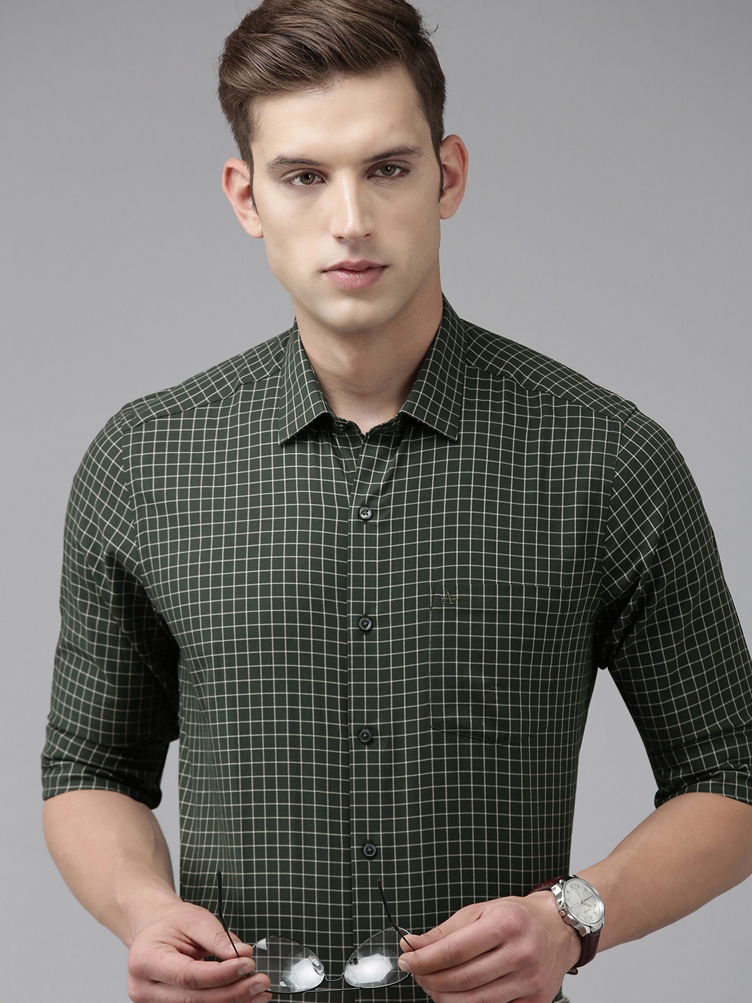 

Arrow Men Pure Cotton Manhattan Slim Fit Grid Tattersall Checks Formal Shirt, Olive