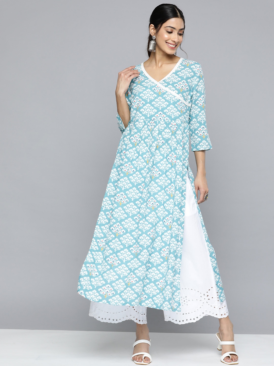 

HERE&NOW Floral Printed A-Line Angrakha Kurta, Blue