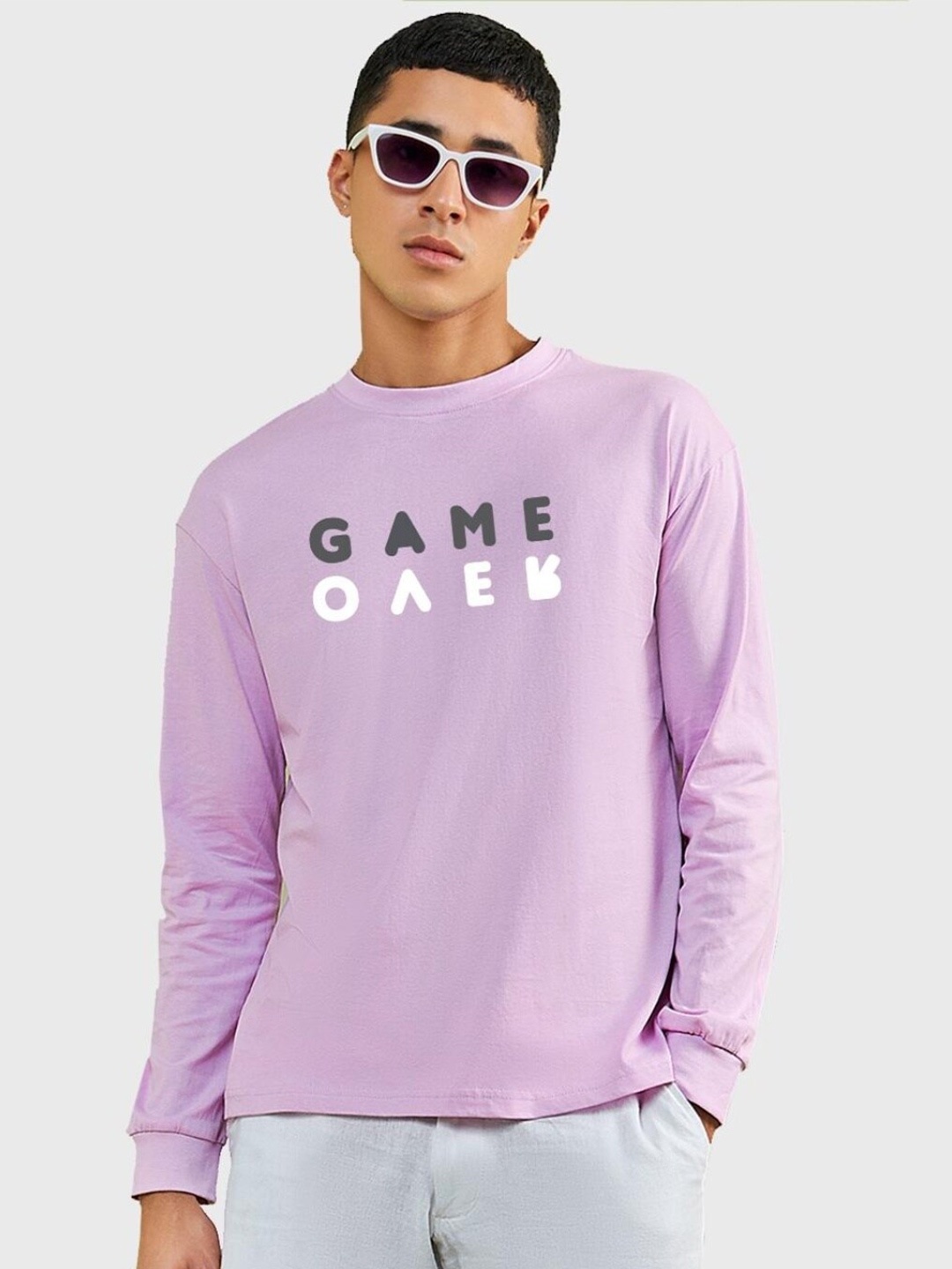 

Bewakoof Men Typography Printed Long Sleeve Cotton Oversized Fit T-shirt, Lavender