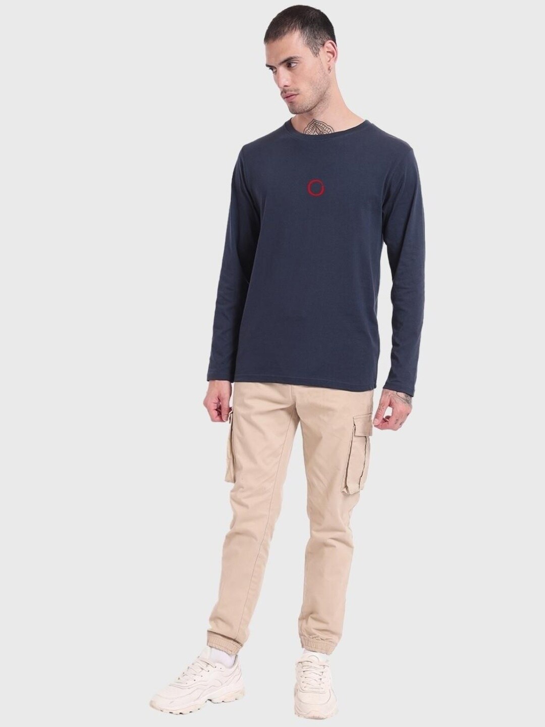 

Bewakoof Men Printed Round Neck Long Sleeve Cotton T-shirt, Navy blue