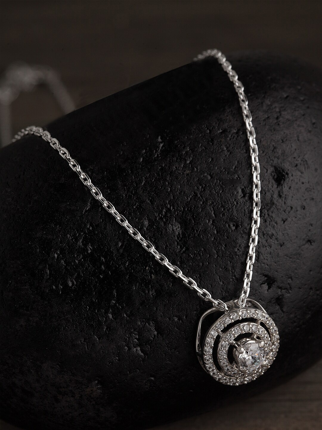

Clara 925 Sterling Silver Rhodium-Plated CZ Studded Pendant with Chain