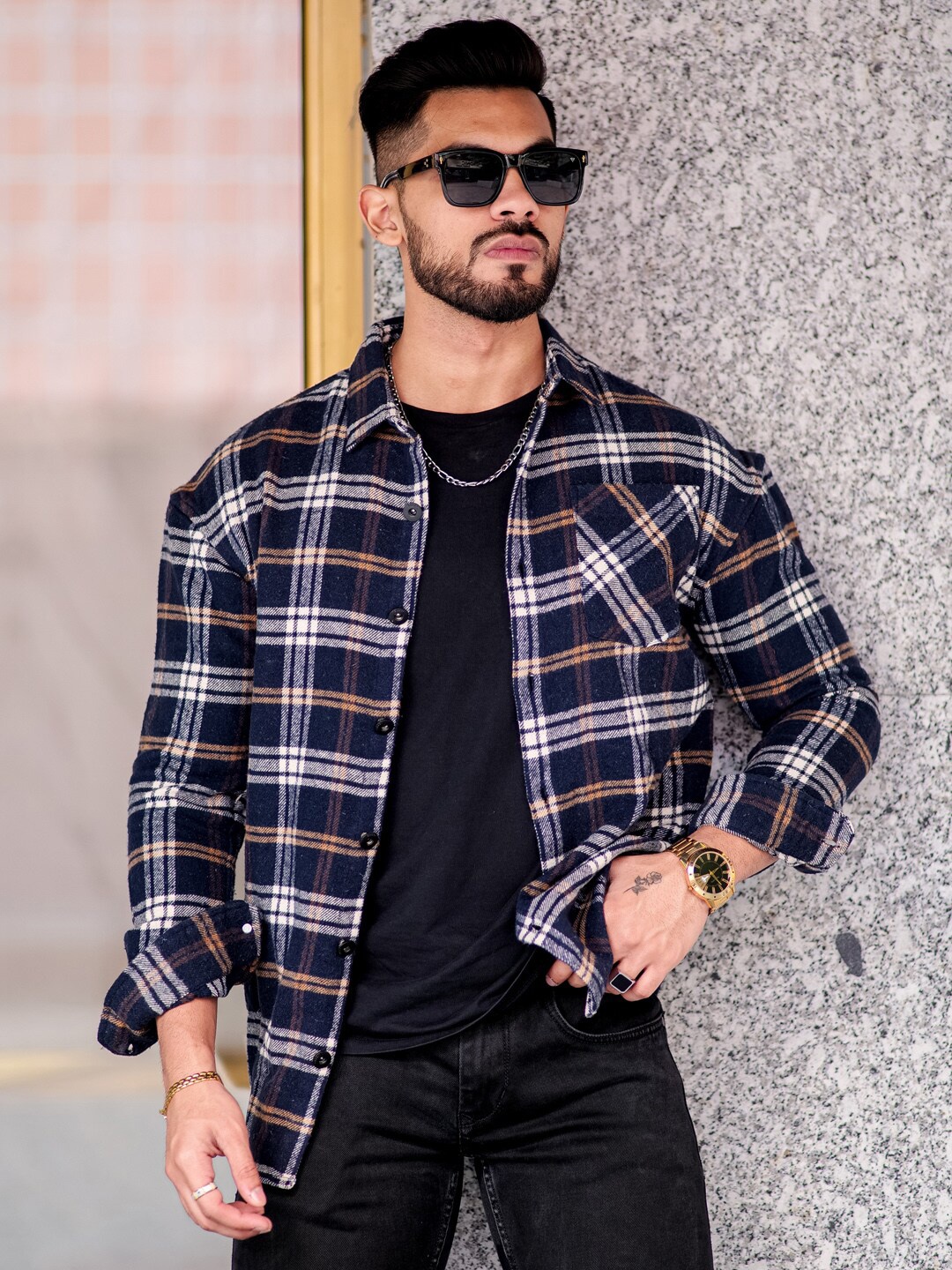

Powerlook Men Slim Fit Tartan Checked Casual Cotton Shirt, Navy blue