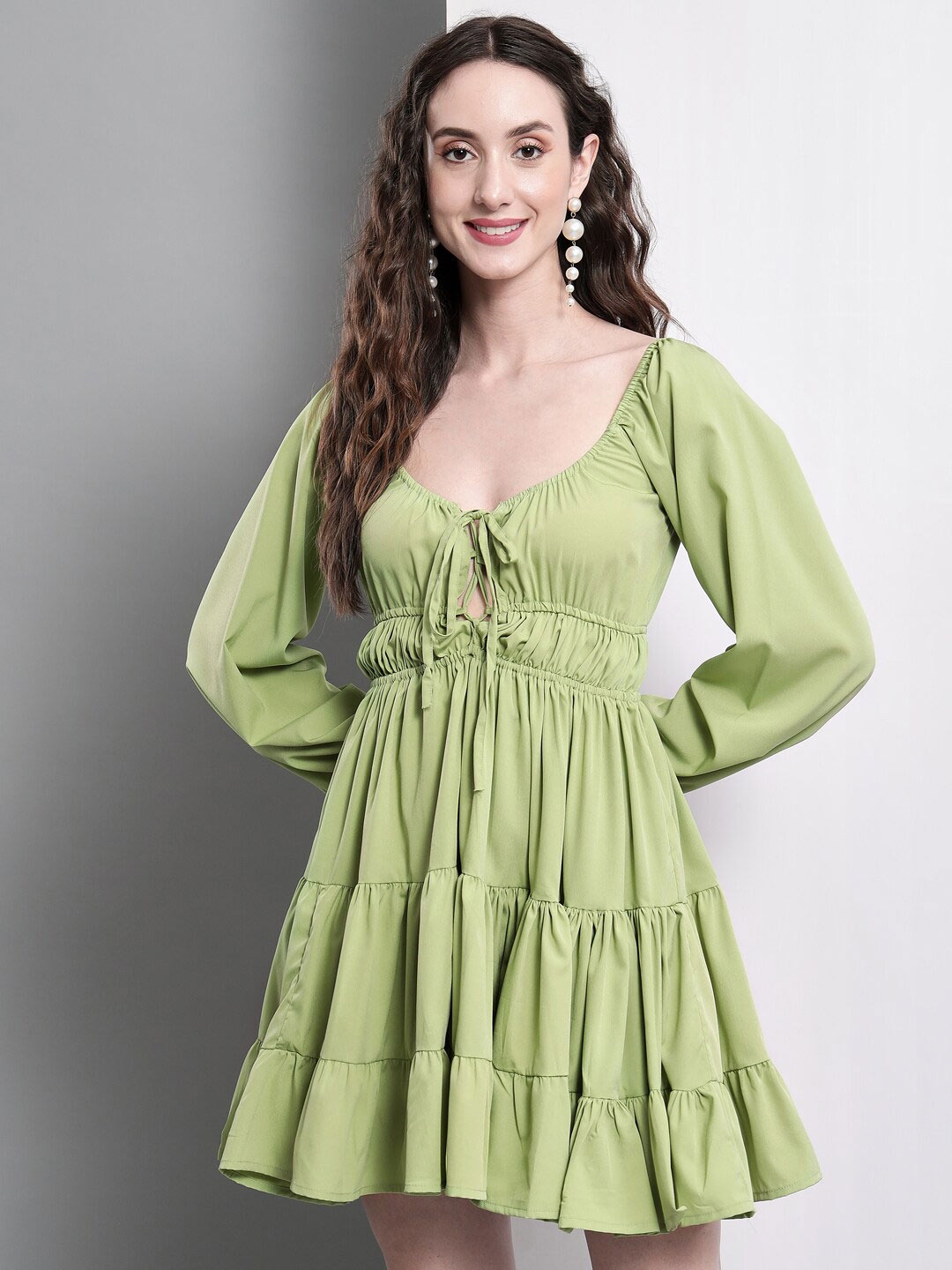 

Darzi Tie-Up Neck Tiered Dress, Green