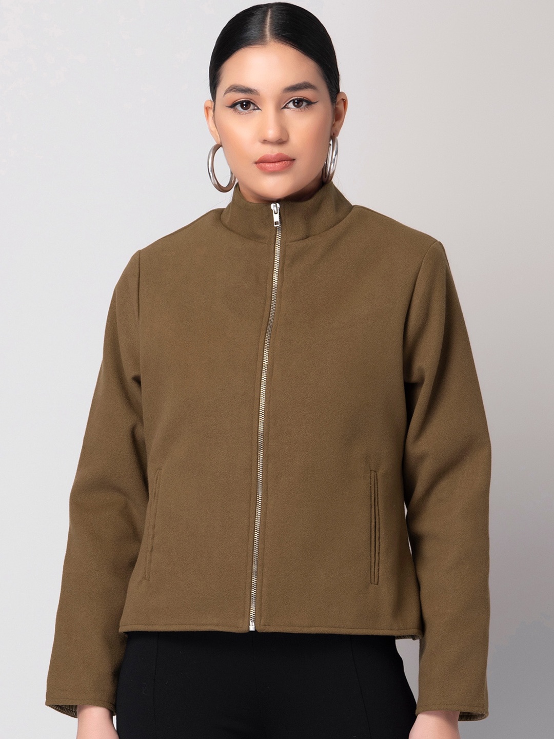 

FabAlley Women Mock Collar Long Sleeves Tailored Jacket, Brown
