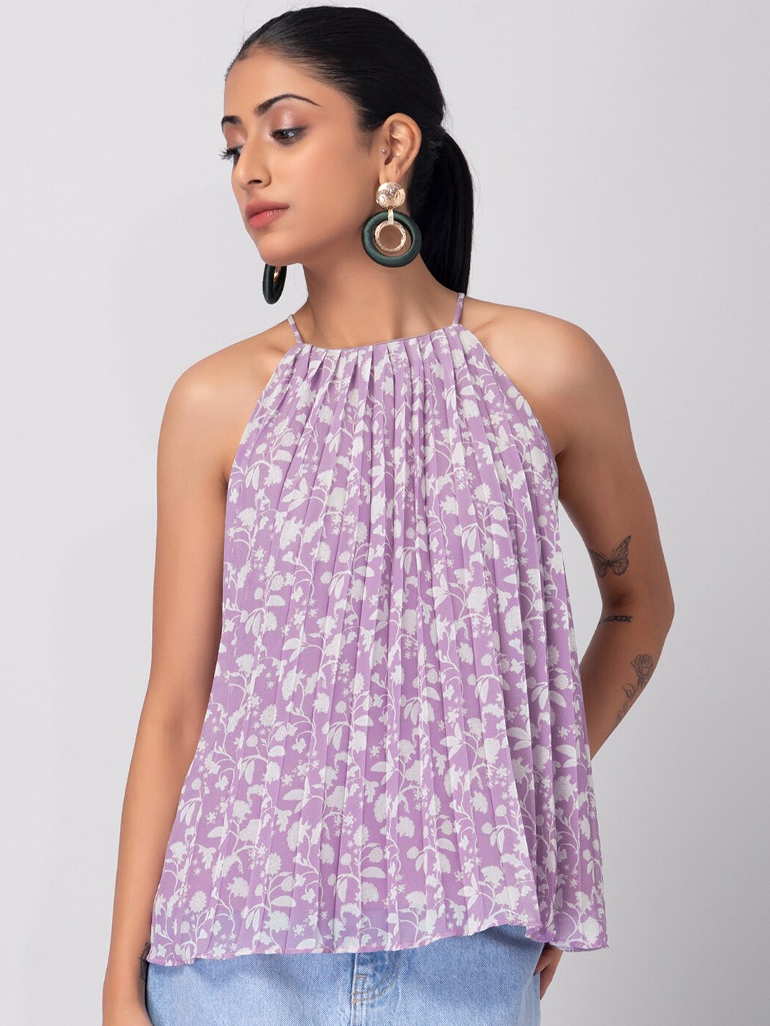 

FabAlley Floral Print Halter Neck Georgette Top, Lavender