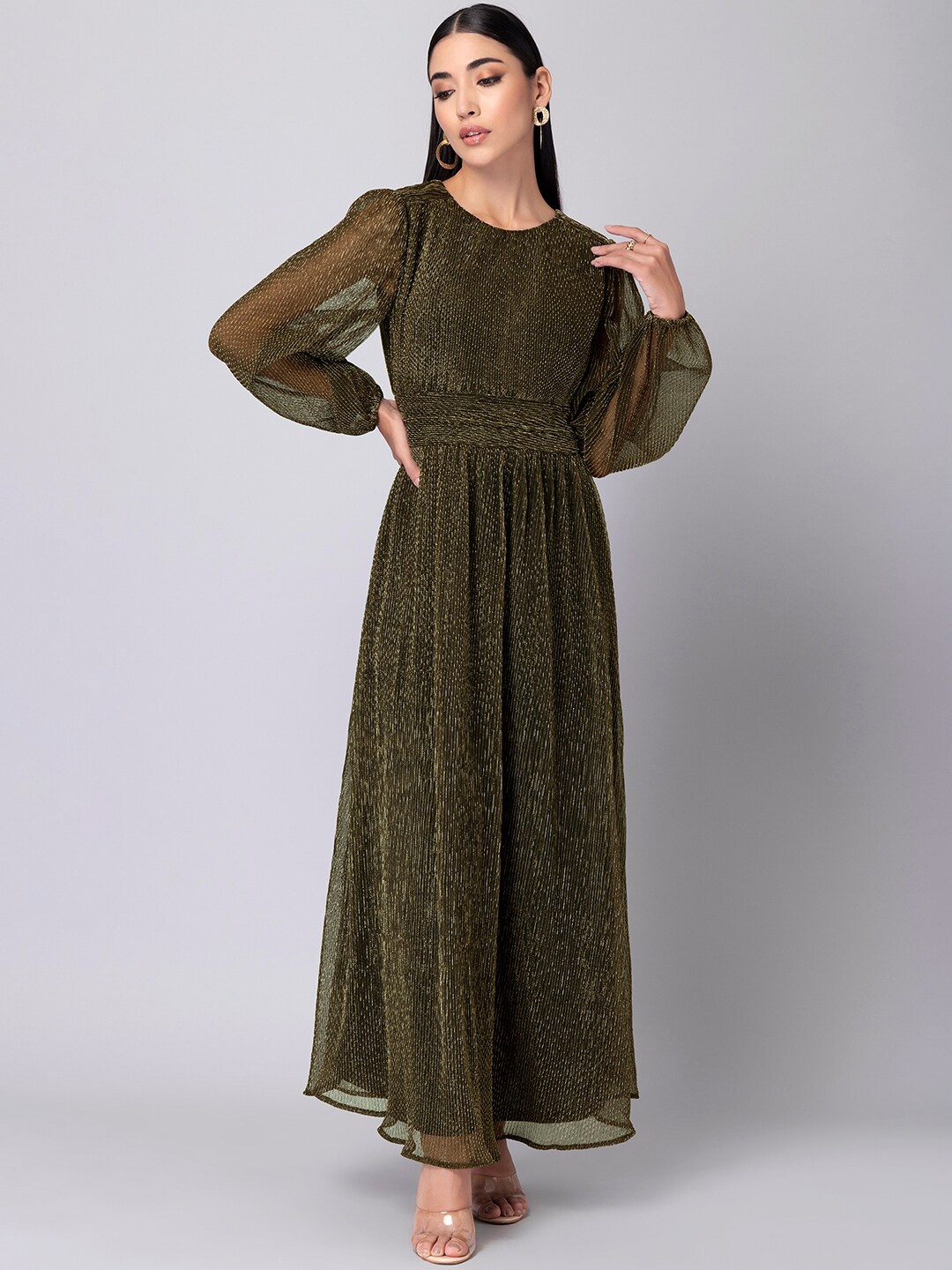 

FabAlley Round Neck Puff Sleeve Maxi Dress, Olive