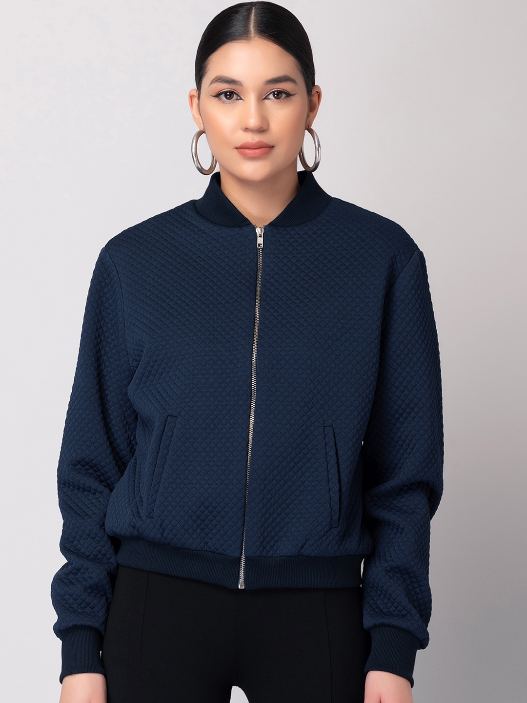 

FabAlley Women Quilted Bomber Jacket, Navy blue