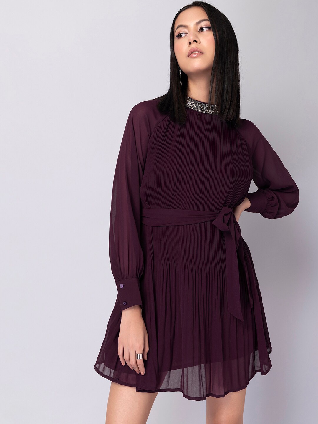 

FabAlley Mock Neck Georgette A-Line Dress, Purple