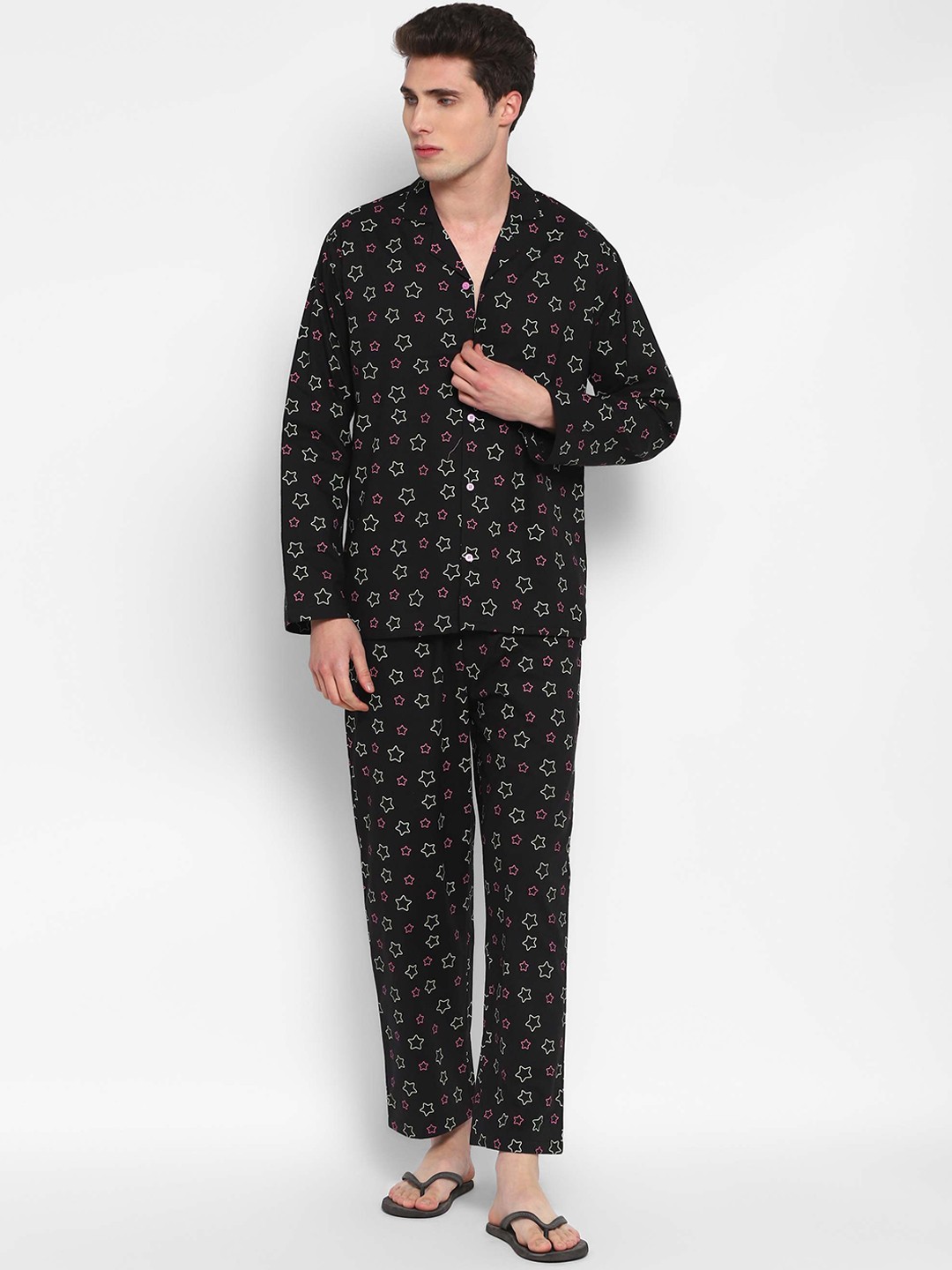 

shopbloom Men 2 Pieces Conversational Printed Pure Cotton Night Suit, Black