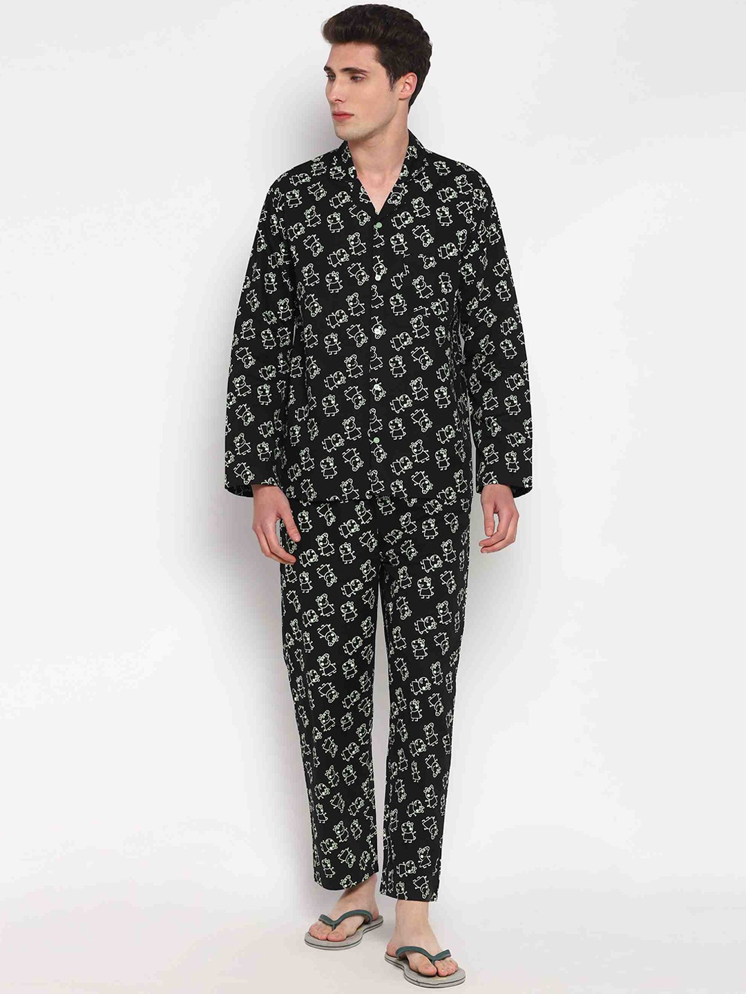 shopbloom Men 2 Pieces Glow In The Dark Graphic Printed Pure Cotton Night Suit, Black