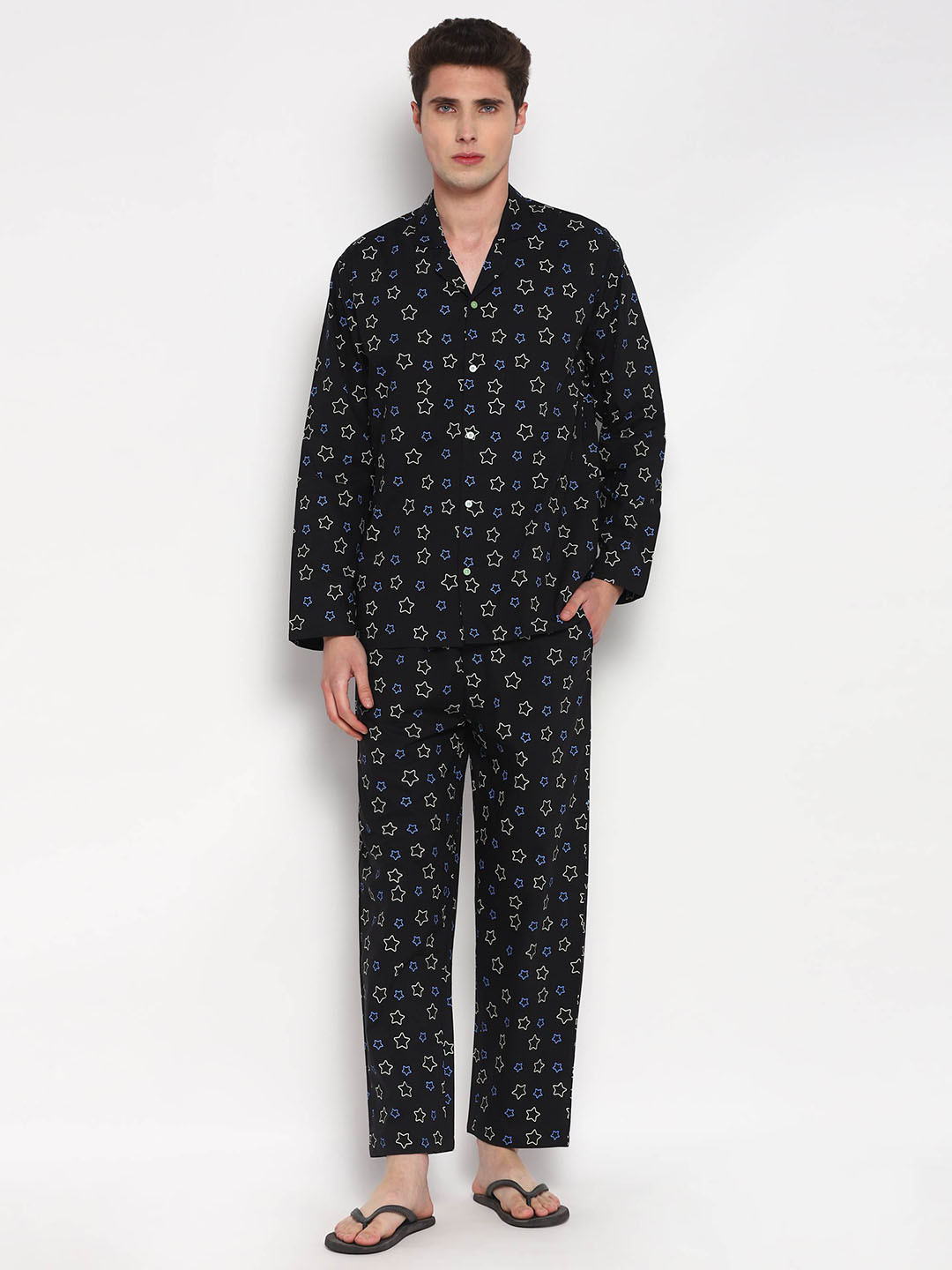 

shopbloom Men 2 Pieces Graphic Printed Pure Cotton Night Suit, Black