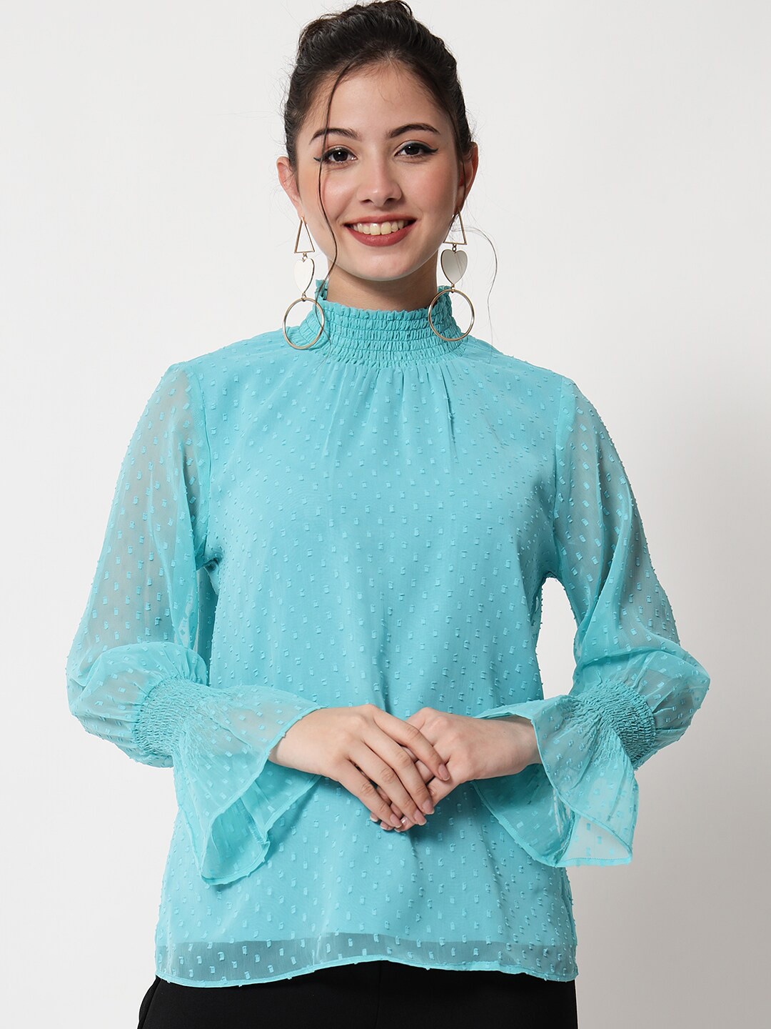 

CHARMGAL Self Design High Neck Bell Sleeves Smocked Top, Turquoise blue