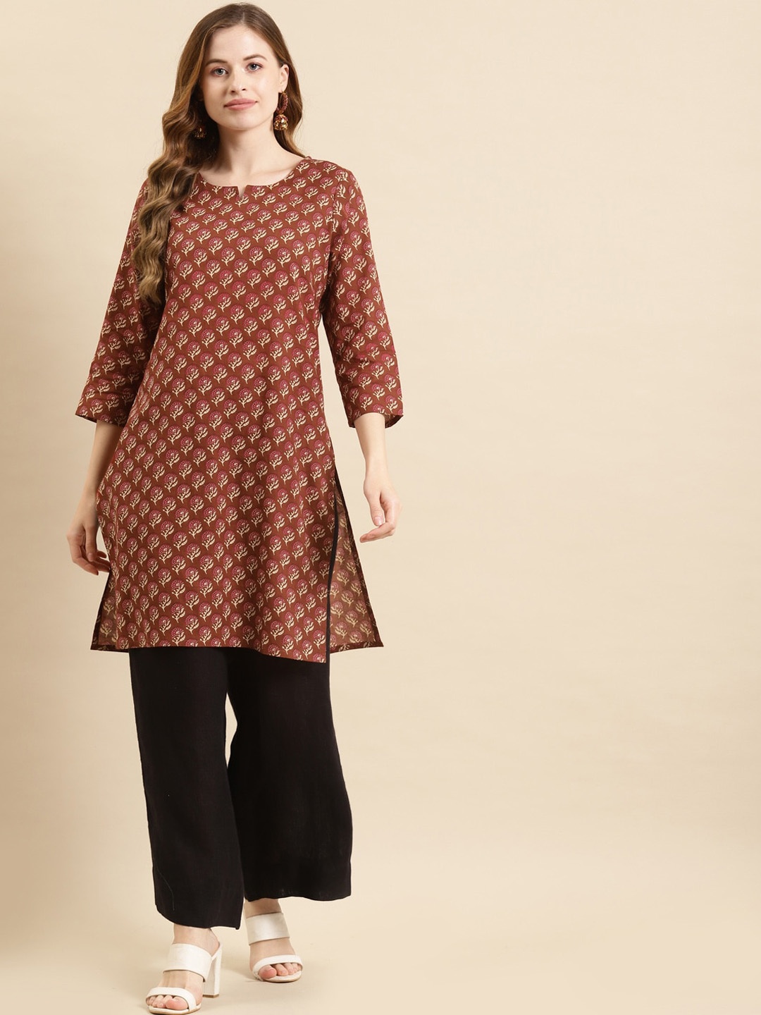 

Prakrti Women Ethnic Motifs Printed Round Neck Cotton Kurta, Rust