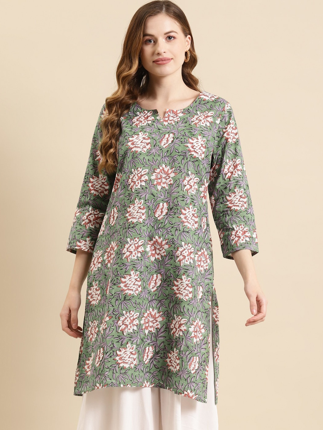 

Prakrti Women Floral Printed Round Neck Kurta, Green