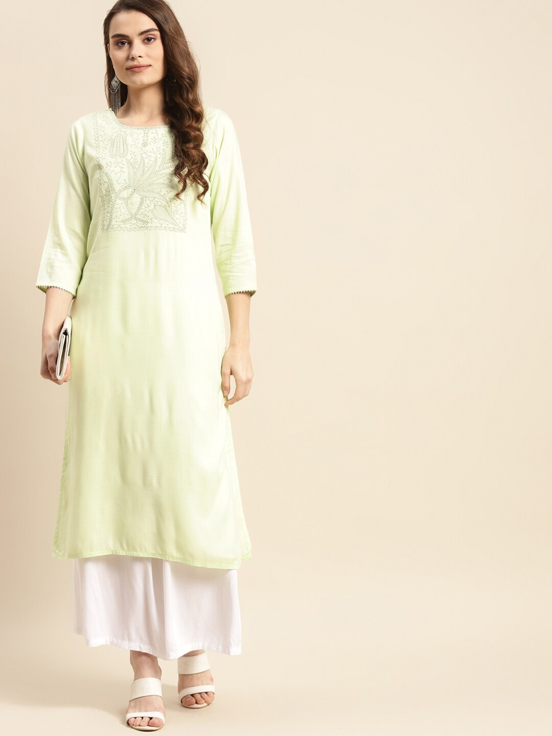

Prakrti Floral Yoke Design Thread Work Kurta, Lime green