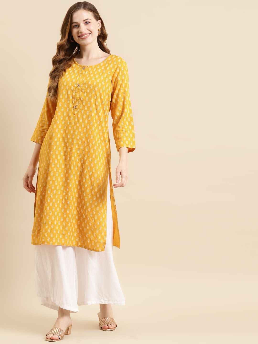 

Prakrti Women Ethnic Motifs Printed Kurta, Mustard