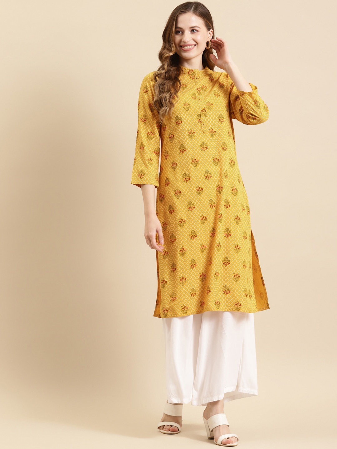 

Prakrti Women Floral Printed Band Collar Kurta, Mustard
