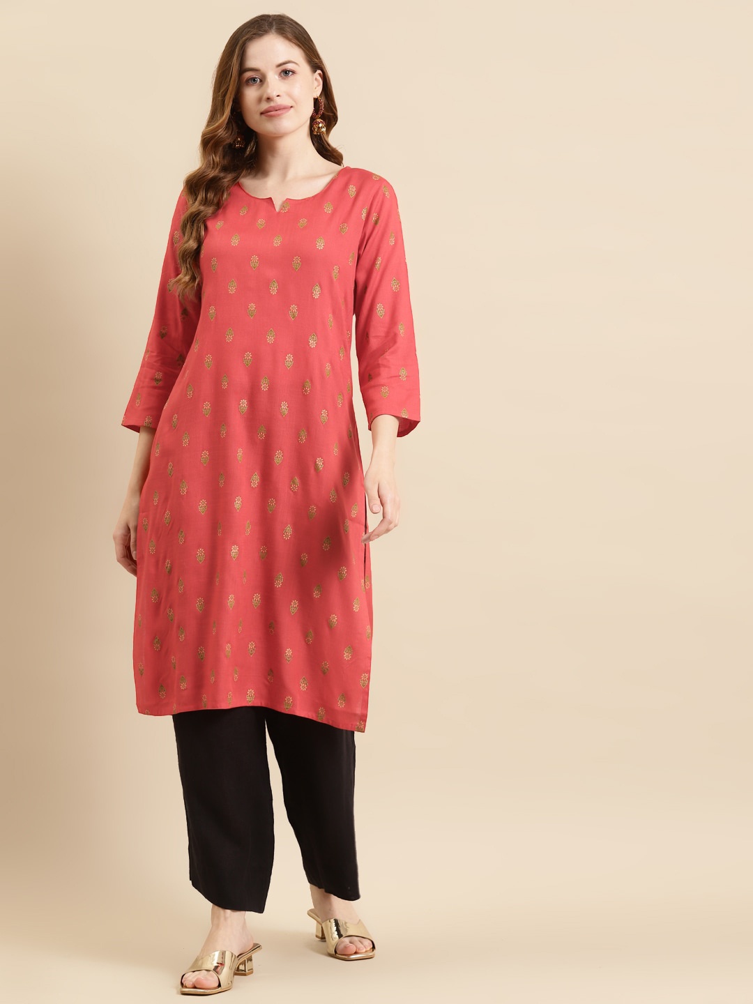 

Prakrti Women Notched Neck Floral Printed Kurta, Coral