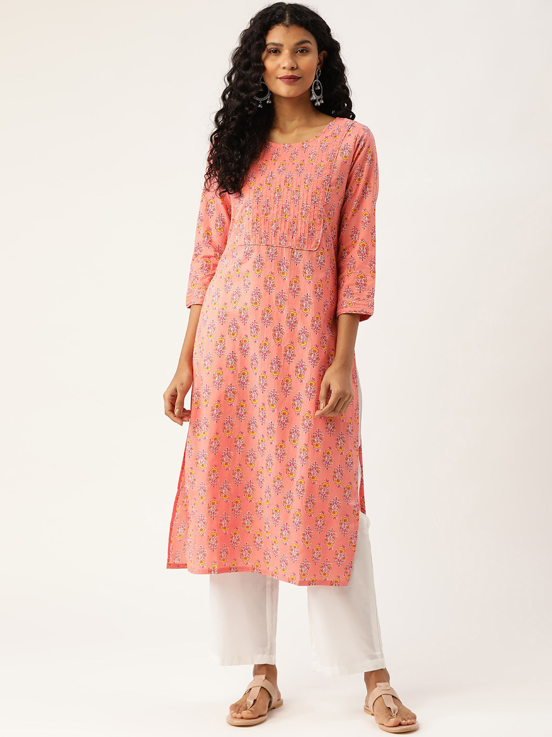 

Prakrti Women Floral Printed Cotton Kurta, Coral