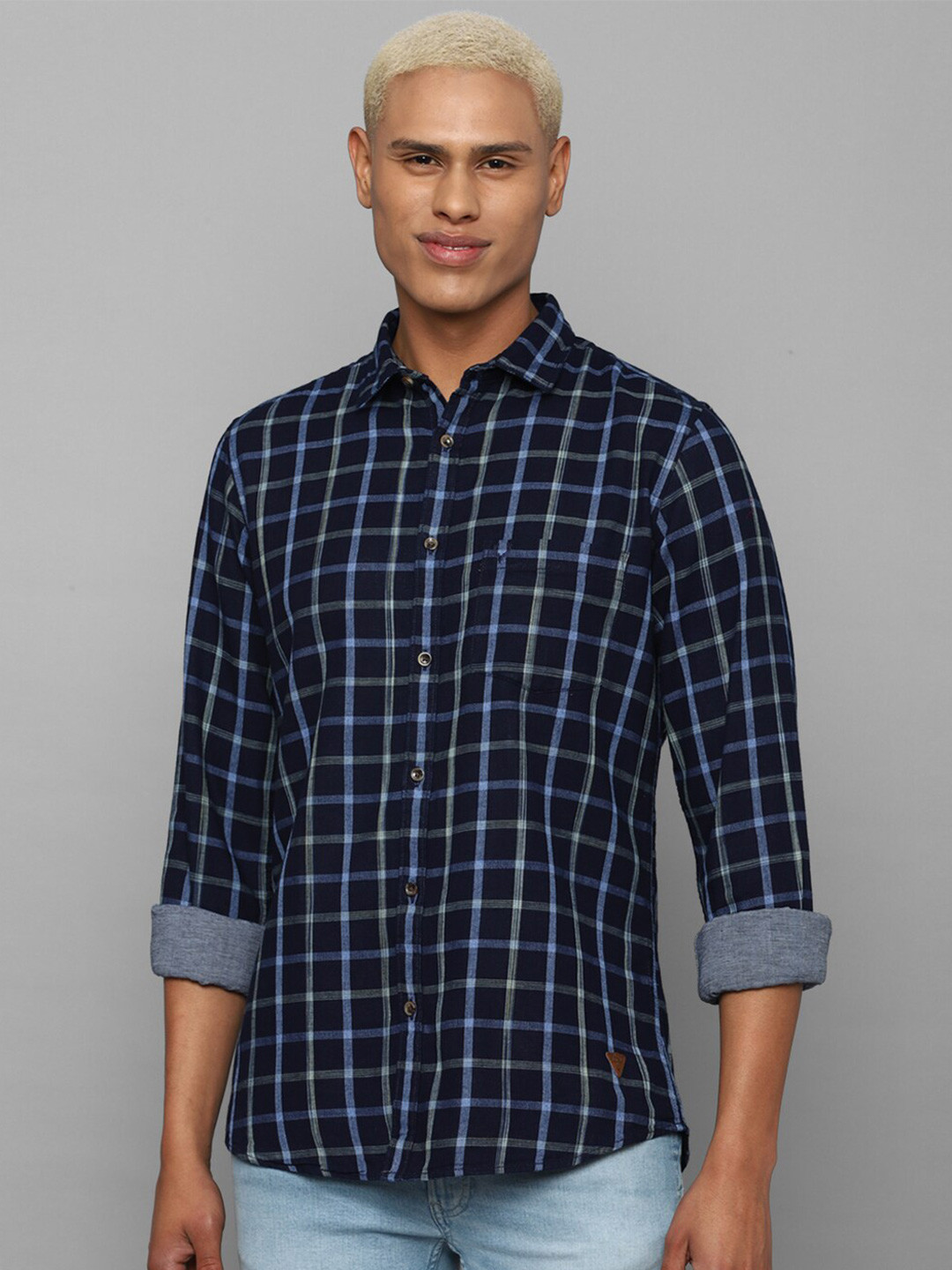 

Allen Solly Men Slim Fit Grid Tattersall Checked Cotton Casual Shirt, Navy blue
