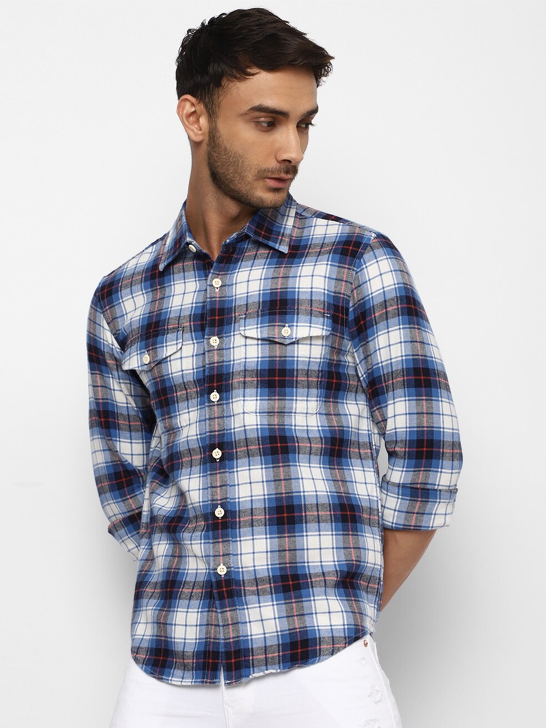 

AMERICAN EAGLE OUTFITTERS Men Tartan Checks Checked Casual Pure Cotton Shirt, Blue