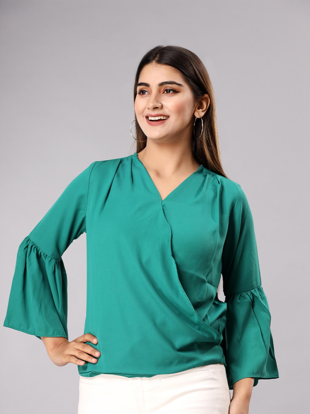 

Fab Star Regular Bell Sleeves Wrap Top, Green