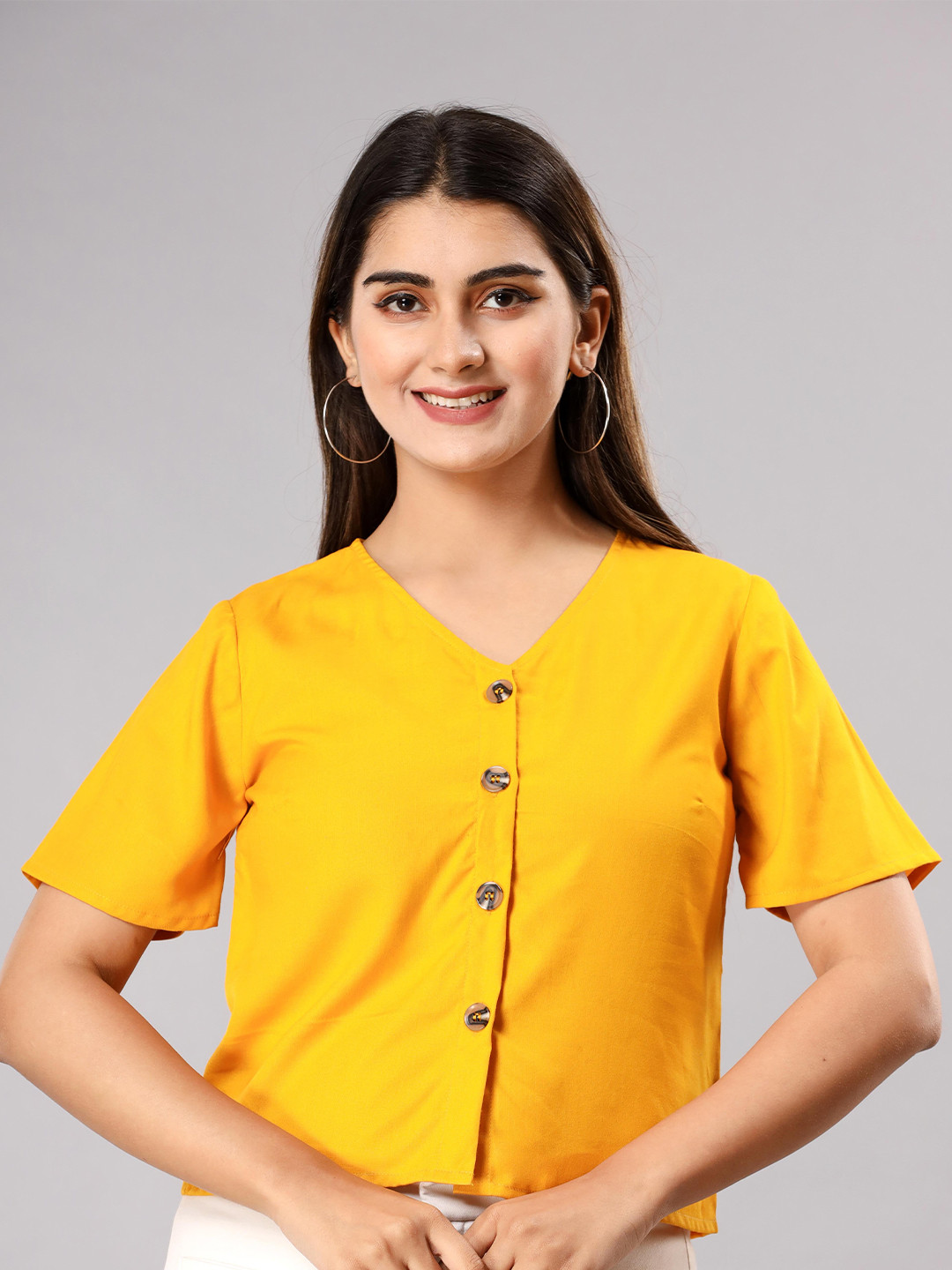 

Fab Star Shirt Style V-Neck Top, Yellow