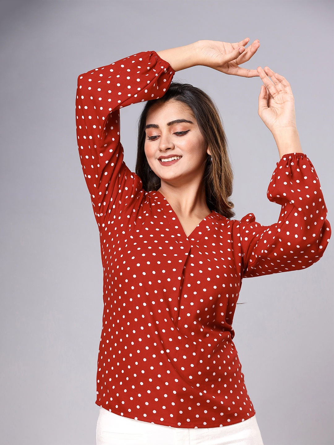 

Fab Star Polka Dots Printed V-Neck Top, Maroon